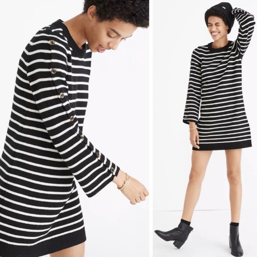 Madewell Black and White Sweater Dress with Button-Up Sleeves Size Medium B15